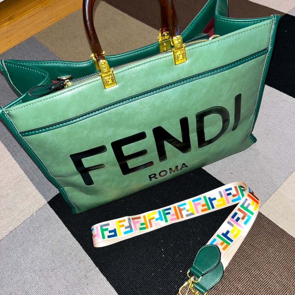 Fashion Roma Tote Shopper Bag Green with Plexiglass Handles & Multicolor Strap